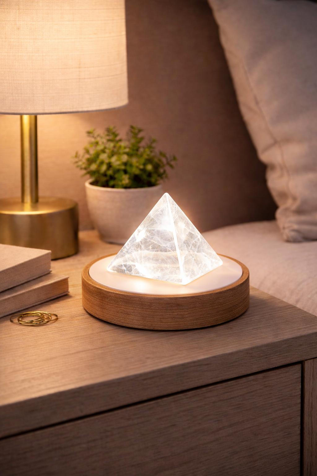 Natural Clear Quartz Crystal Pyramid Lamp with LED Display Stand