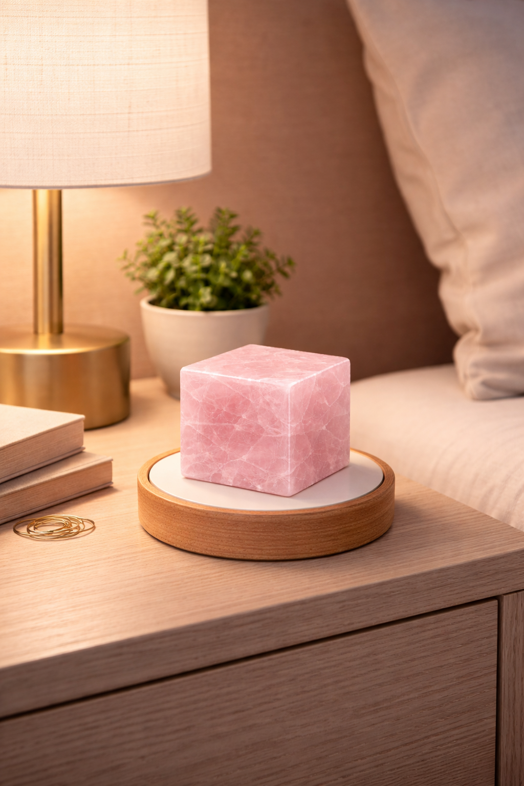 Natural Rose Quartz Crystal Cube Lamp with LED Display Stand