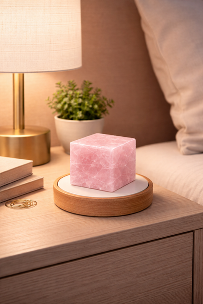 Natural Rose Quartz Crystal Cube Lamp with LED Display Stand