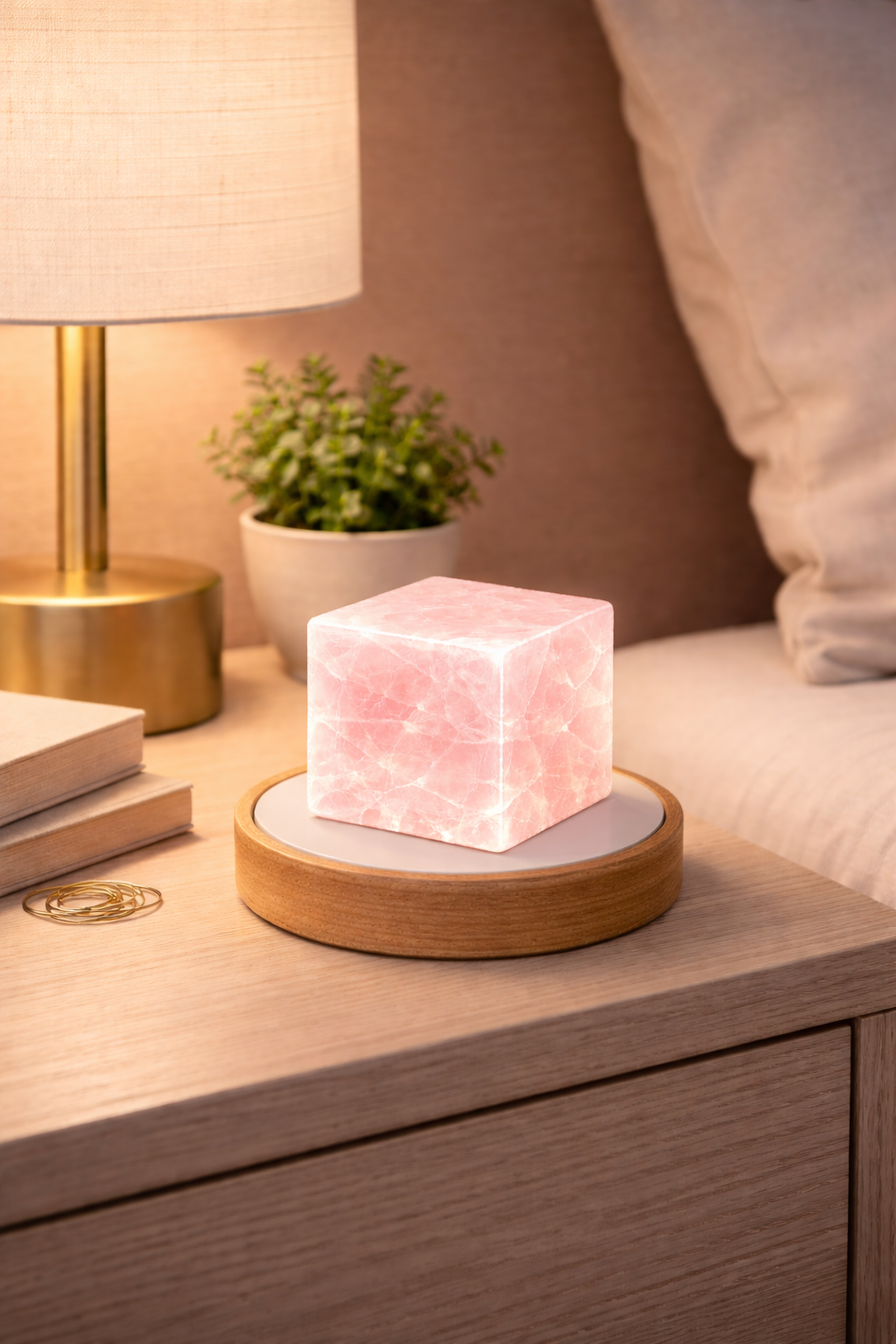 Natural Rose Quartz Crystal Cube Lamp with LED Display Stand