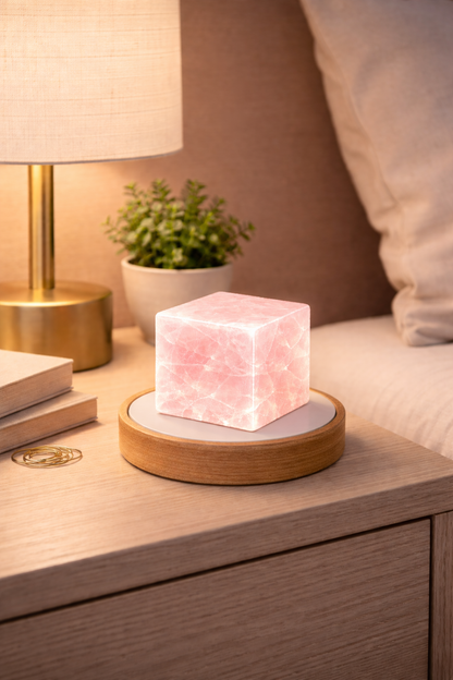 Natural Rose Quartz Crystal Cube Lamp with LED Display Stand