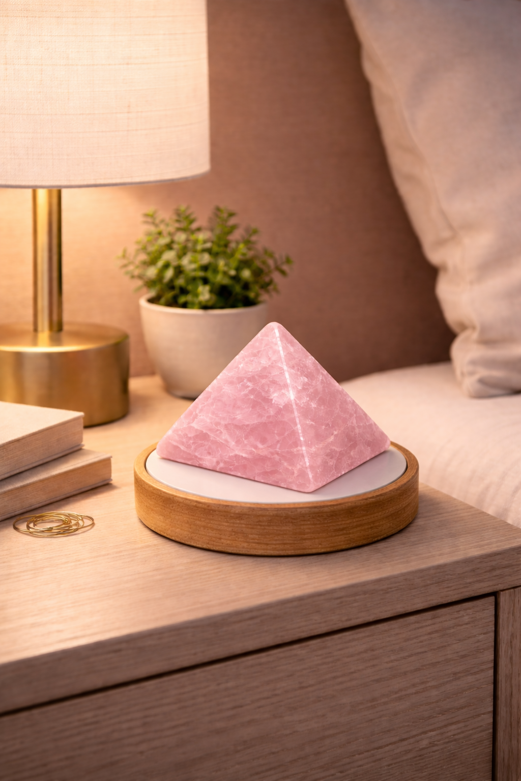 Natural Rose Quartz Crystal Pyramid Lamp with LED Display Stand