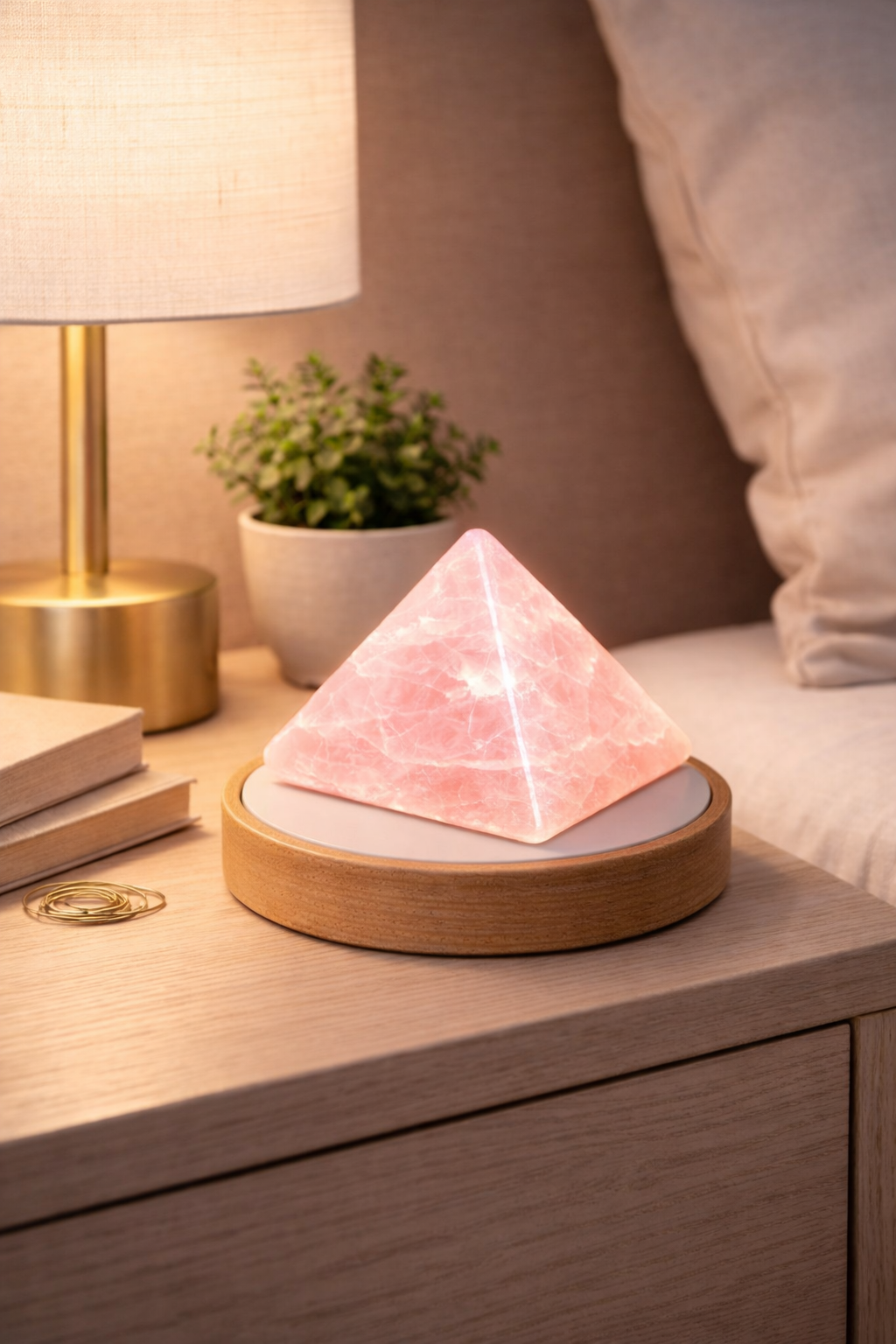 Natural Rose Quartz Crystal Pyramid Lamp with LED Display Stand